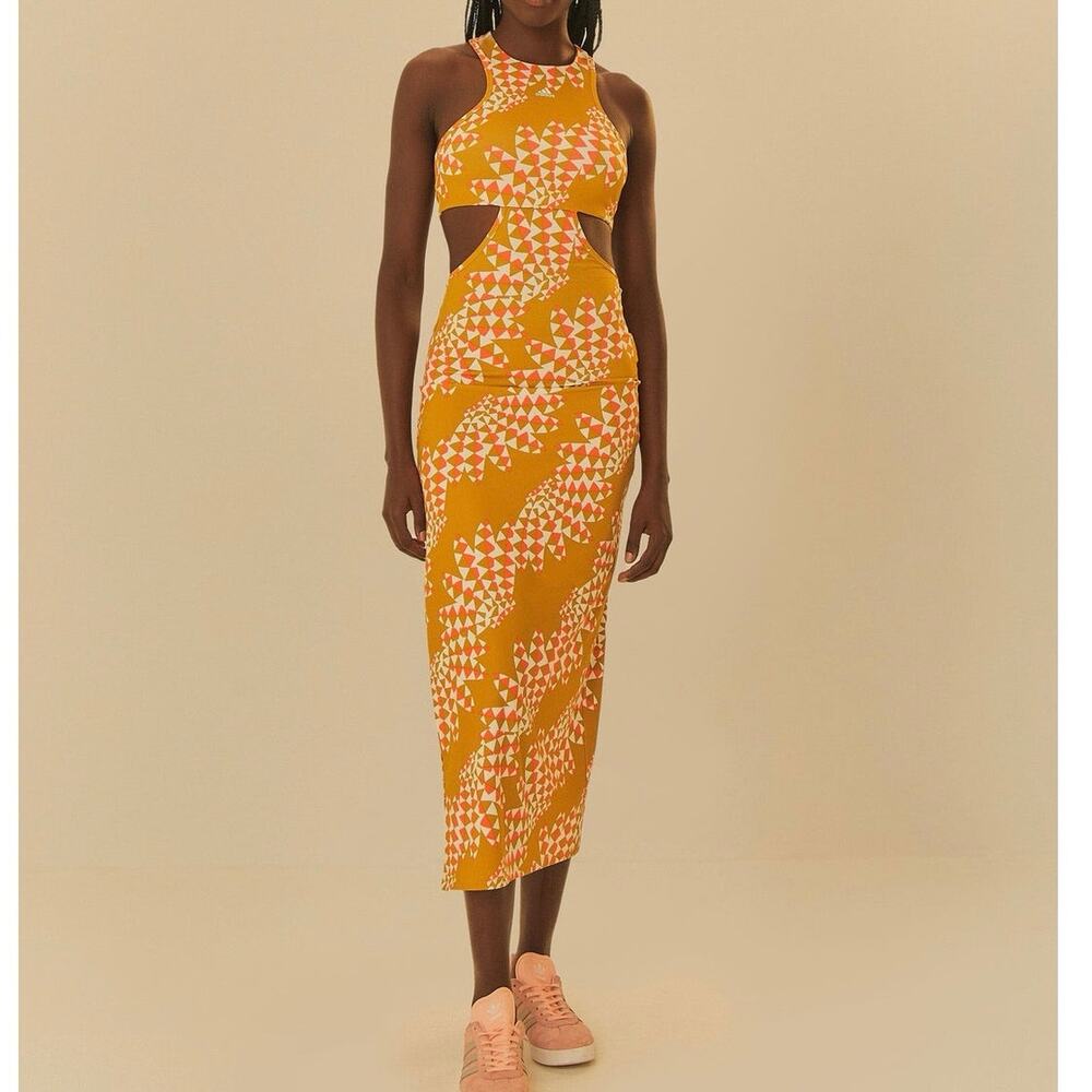 Adidas Farm Psychedelic Wave Green Dress Small yellow cut out maxi